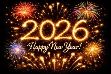 2026 happy new year celebration with glowing numbers and fireworks