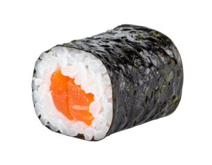 A single piece of salmon sushi roll on a white background.