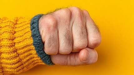 Energetic Gesture: A clenched fist extends outwards, poised against a bright, vivid background, conveying strength and determination.
