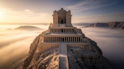 웅장한 고대 건축물, 구름 위에 장엄하게 솟아있다