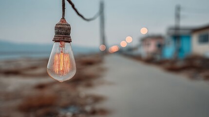 Vintage Bulb on Road: An antique light bulb, hanging gracefully, illuminating a quiet, blurry road scene during dusk. The filaments glow warmly, casting a soft light over the tranquil path.