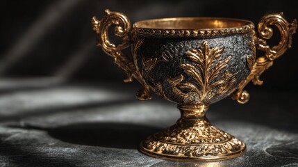 Elegant Chalice: A golden chalice, a symbol of opulence and sophistication, sits resplendent against a moody background, capturing the allure of ancient artistry.