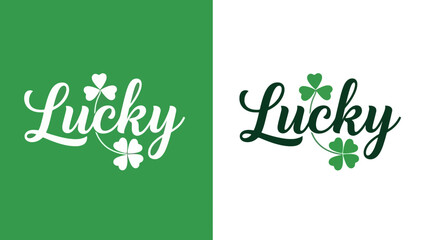 Lucky word with clovers in St. Patricks Day style on green and white backgrounds