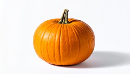 Obraz premium Top-down view of a single medium-sized orange pumpkin with smooth vertical ridges and a short greenish-brown stem, placed against a plain white background. Soft shadow to the right enhances its three-