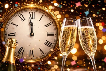 Champagne glasses beside midnight clock during new year countdown / new year countdown , classic cloak , social purpose , background