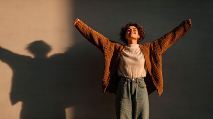 Embracing the Day: A young adult, arms outstretched, welcomes the morning sun, her silhouette creating a dramatic contrast. Capturing a moment of pure freedom and optimism.