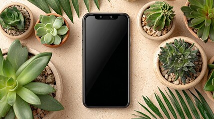Smart Phone Surrounded by Succulents: A sleek smart phone, its screen dark and blank, is artfully framed by an array of vibrant succulents and botanical accents.