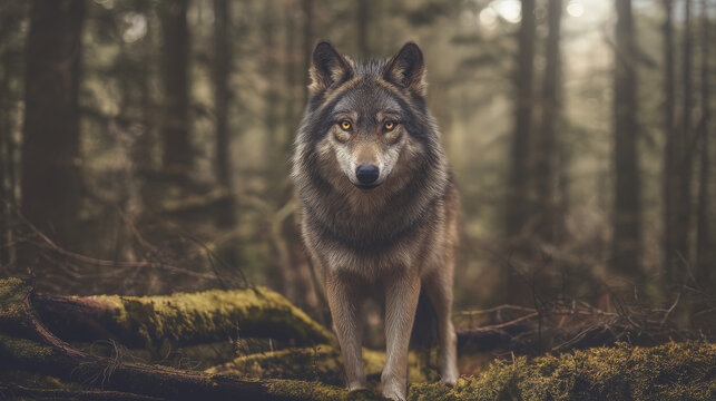 Majestic wolf standing alert in a misty forest with soft natural light and shallow depth of field. - Powered by Adobe
