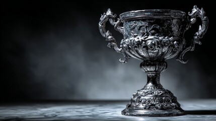 Antique Chalice in Dramatic Light: A meticulously crafted silver chalice stands in a darkened room, its intricate details highlighted by dramatic lighting, evoking a sense of history, mystery.