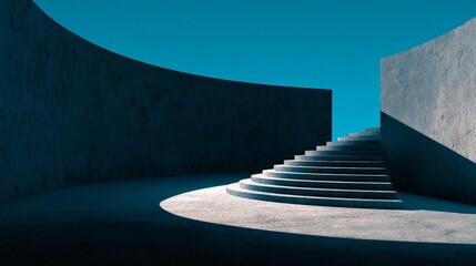 Architectural Ascent: The image showcases a modern architectural composition, featuring curved concrete walls that elegantly frame a ascending staircase bathed in natural light.