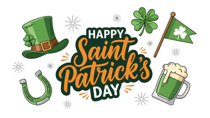 Happy Saint Patrick's Day Irish Celebration Elements with Shamrock, Hat, Beer and Horseshoe