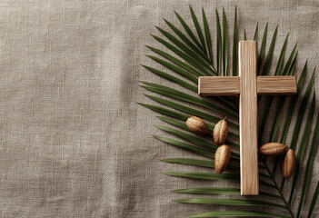 Wooden cross and green palm leaves arranged on a textured burlap background, symbolizing Palm Sunday and Easter with ample copy space