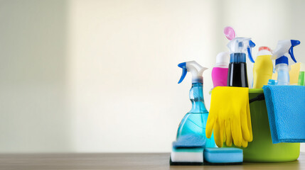 Colorful household cleaning supplies with spray bottles, gloves, and sponges on a wooden surface.