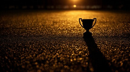 Golden Trophy's Silhouette: A striking image of a golden trophy casting a long shadow under the warm, focused glow of an unseen light, symbolizes victory.