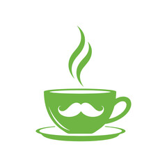 Green coffee cup with steam and mustache symbol on white background