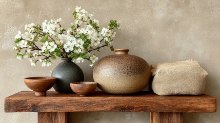 Rustic Elegance: A meticulously arranged still life captures the essence of tranquility, showcasing a wooden shelf adorned with a beautiful composition of handmade pottery and blooming spring flowers.