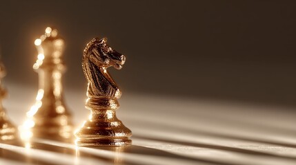 Strategic Knight: The Knight chess piece stands out in the soft spotlight, with the Queen behind. The scene evokes strategy and competition.