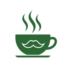 Green coffee cup with steam and mustache symbol