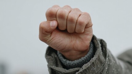 Symbol of Determination: A close-up shot of a clenched fist conveys resilience and resolve. The texture of the hand and clothing adds a human element, hinting at struggle or defiance.