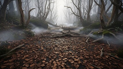 안개 낀 숲길, 몽환적으로 펼쳐지다
