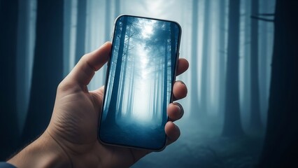 숲속 풍경 담은 스마트폰, 신비로운 푸른 빛