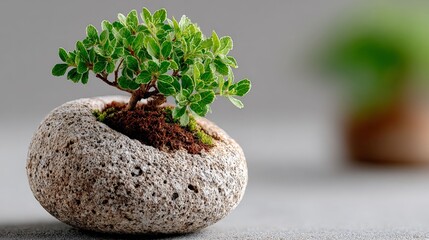 Zen Garden Oasis: A serene close-up shot of a meticulously crafted miniature bonsai tree, delicately nestled within a weathered rock planter. It creates a perfect harmony between nature and artistry.