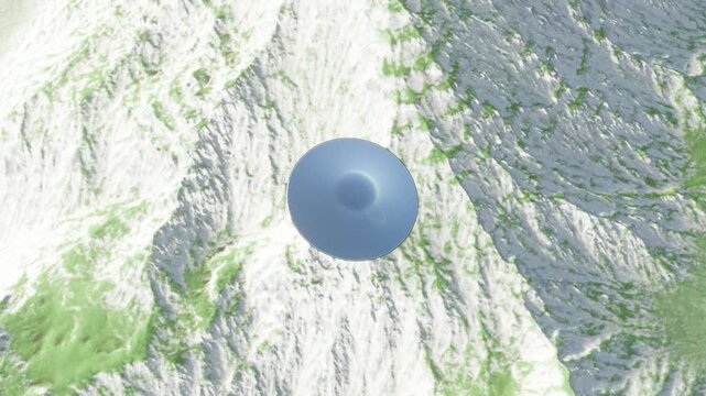 Top View or Bird's Eye view of a UFO Flying Saucer Hovering over a natural landscape CGI Animation