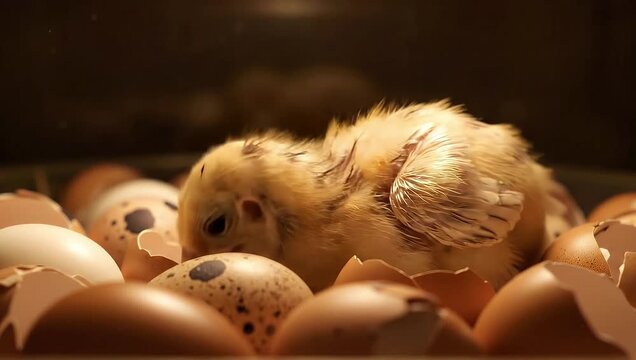 Chick huddling among cracked eggshells in a dark incubator environment
