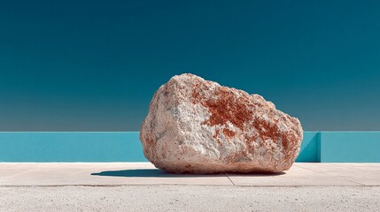 Rough stone on a minimalist background: A solitary rough stone sits on a clean, minimalist surface, contrasting against a clear blue backdrop, creating a sense of natural beauty and serene simplicity.