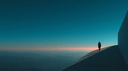 Solitary Ascent: A lone figure, silhouetted against a gradient sky, ascends a geometric structure, symbolizing ambition and solitude in a vast landscape.
