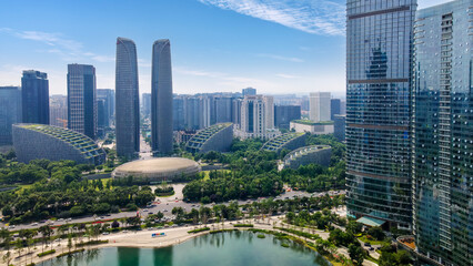 Aerial View of Modern City Skyscrapers and Lake