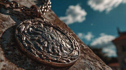 Intricate Medallion's Glimmer: Close-up of an ornate pendant, resting against the textured stone, capturing light, and casting shadows. The sky above is a canvas of blues and whites. 