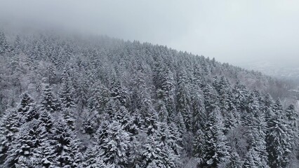 Aerial winter landscape of snowy countryside and hills