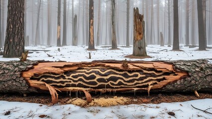 겨울 숲속 쓰러진 나무의 신비로운 무늬