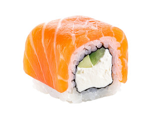 Delicious Salmon Cream Cheese Sushi Roll Isolated on White. © burhan
