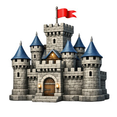 Fototapeta premium Fairytale Medieval Stone Castle With Blue Roof Spires And Red Flag Under Daytime Lighting