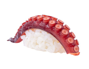 Close-up of a single piece of octopus sushi on a white background. © burhan