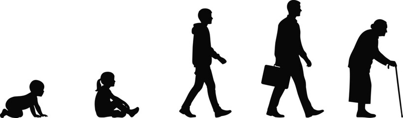 Life stages silhouette illustration showing human growth from crawling baby to elderly person, representing aging, development, evolution, and the complete cycle of human life