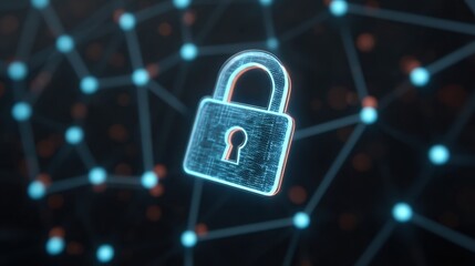 Digital security lock symbolizing data protection and encryption concepts, featuring glowing network connections and blue nodes on a dark background