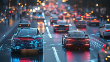 Futuristic cars on a busy city street emphasise the dynamics of technological progress — an excellent backdrop for presentations on innovations in transport.