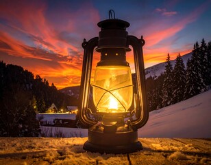 A vintage oil lamp illuminates the foreground, set against a stunning, fiery sunset over snow-covered mountains and evergreen trees