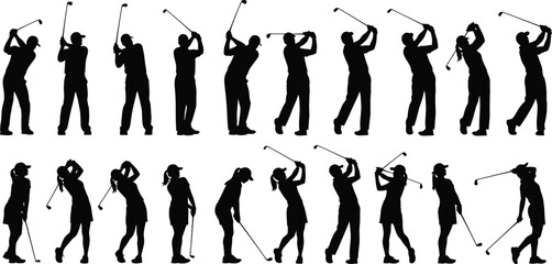 Male and female golf player silhouette vector set, illustrating various full swing actions, athletic poses, and follow-throughs for sports competition content.