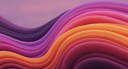 Abstract image of undulating, layered, vibrant pink, purple, and orange waves against a soft purple sky