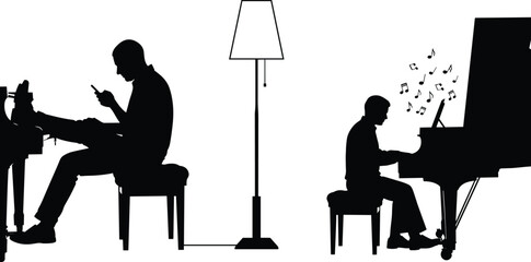 Man sitting at desk using smartphone and pianist playing piano, contrast lifestyle silhouette vector illustration, music creativity and technology concept isolated on white © MstShefaly