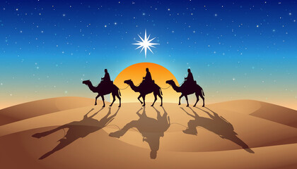 Siluetas de los tres Reyes Magos y sus camellos cruzando el desierto, guiados por una gran estrella brillante bajo un cielo nocturno y m&aacute;gico.
