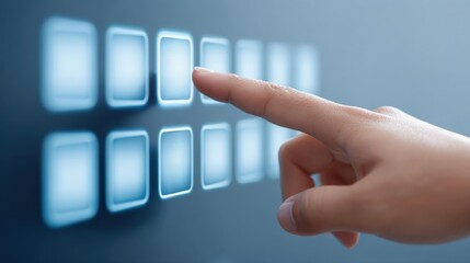 Close-up of a Human Finger Touching Digital Interface with Interactive Square Buttons in a Modern Technology Concept for User Experience and Innovation