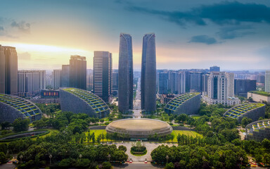 Modern Skyscrapers and Urban Green Spaces in City