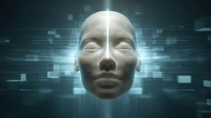 Abstract representation of a digital human face with mesh structure and glowing lights, symbolizing technology and artificial intelligence concepts