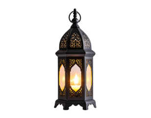Ornate Black Moroccan Lantern with Glowing Candle Inside.