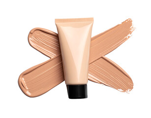 Tube of Foundation with Swatches on White Background.